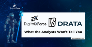 DigitalXForce vs Drata comparison blog banner featuring a futuristic AI warrior mascot holding a glowing trident against a blue digital network background, with the headline “What the Analysts Won’t Tell You” and branding for DigitalXForce and AI JedAI.